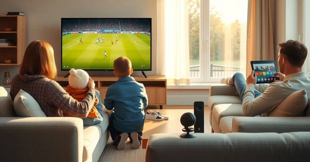 Familie sitzt entspannt im hellen Wohnzimmer auf dem Sofa und schaut ein Fußballspiel auf einem großen Smart-TV