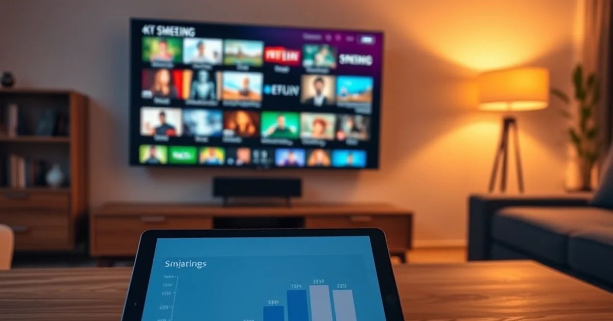 Modernes Wohnzimmer mit großem 4K-Fernseher und einem Tablet auf dem Couchtisch, das eine einfache Vergleichs-Übersicht mit drei Spalten zeigt.