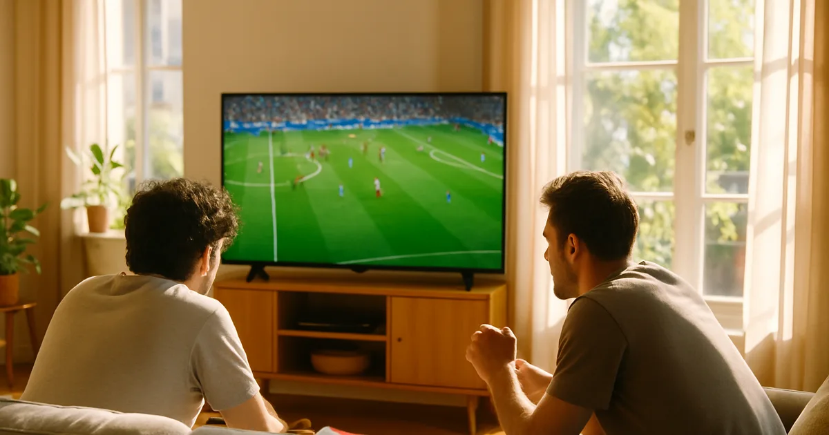 Helles Wohnzimmer bei Tageslicht: Zwei Freunde verfolgen auf einem großen Flachbildfernseher ein gestochen scharfes Fußballspiel mit sattgrünem Rasen.