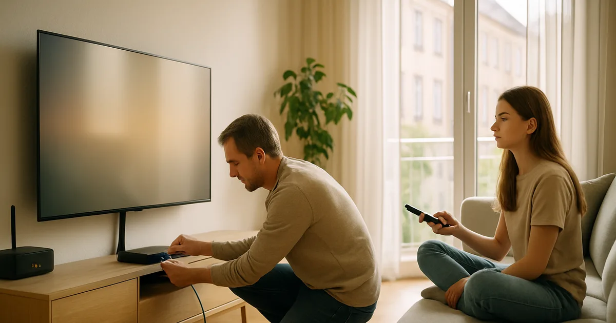 Hell erleuchtetes Wohnzimmer bei Tageslicht: Ein Vater verlegt hinter dem Fernseher ein LAN-Kabel zu einer kleinen Streaming-Box, während seine Tochter mit der Fernbedienung auf dem Sofa sitzt; daneben stehen Router und HDMI-Stick.