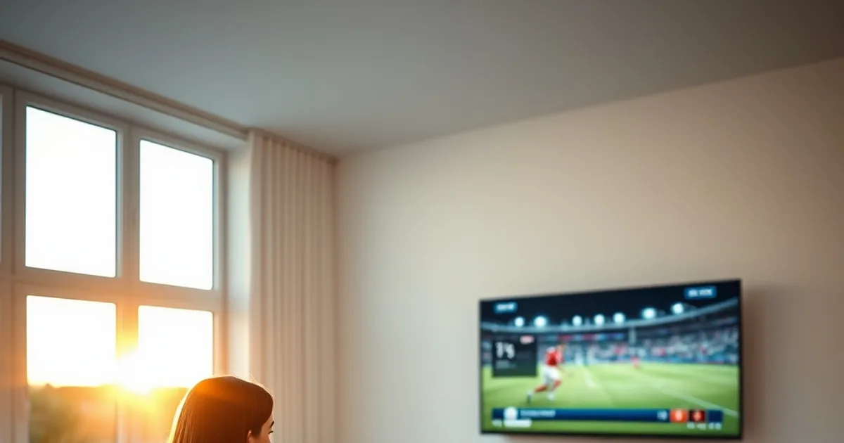 Frau vergleicht auf dem Smartphone einen Speedtest, während im Hintergrund ein IPTV-Stream auf dem Fernseher pausiert ist, helles Wohnzimmer am frühen Abend