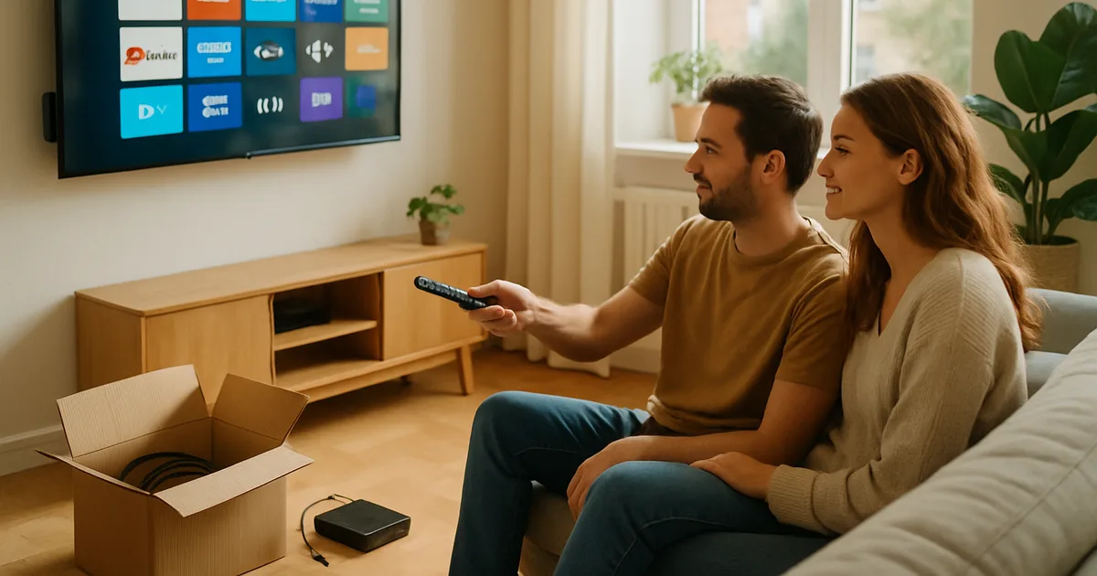 Junges Paar im hell erleuchteten Wohnzimmer richtet mit der Fernbedienung eine Streaming-App am Fernseher ein, während ein alter Kabelreceiver und ein Koaxialkabel abgelegt in einem Karton daneben stehen.