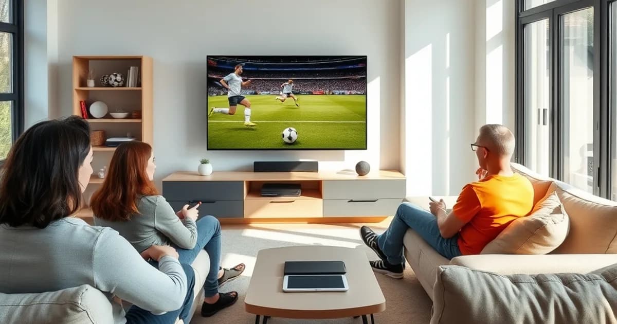 Familie schaut entspannt im hellen Wohnzimmer gemeinsam ein Fußballspiel über eine legale Streaming-App auf dem Fernseher