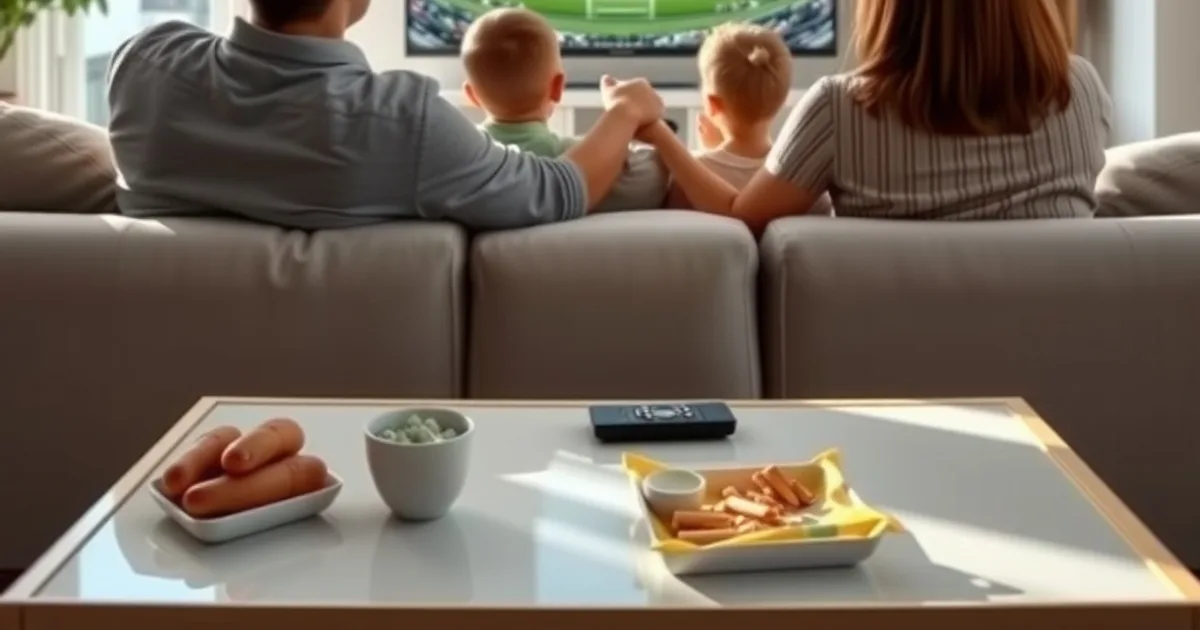 Familie schaut gemeinsam ein Ligue-1-Spiel auf einem großen Fernseher in einem hellen Wohnzimmer