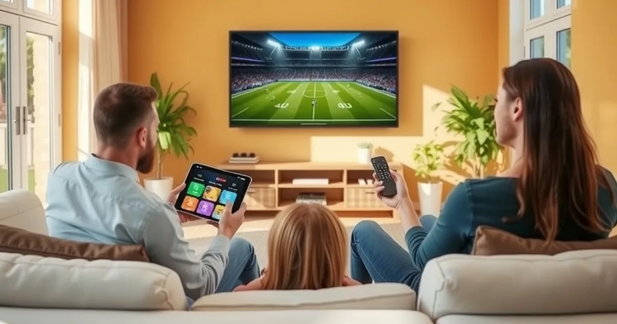 Eine Familie sitzt an einem sonnigen Samstagnachmittag im hellen Wohnzimmer vor dem Fernseher und vergleicht auf einem Tablet Streaming-Optionen, während im Hintergrund ein Fußballspiel läuft.