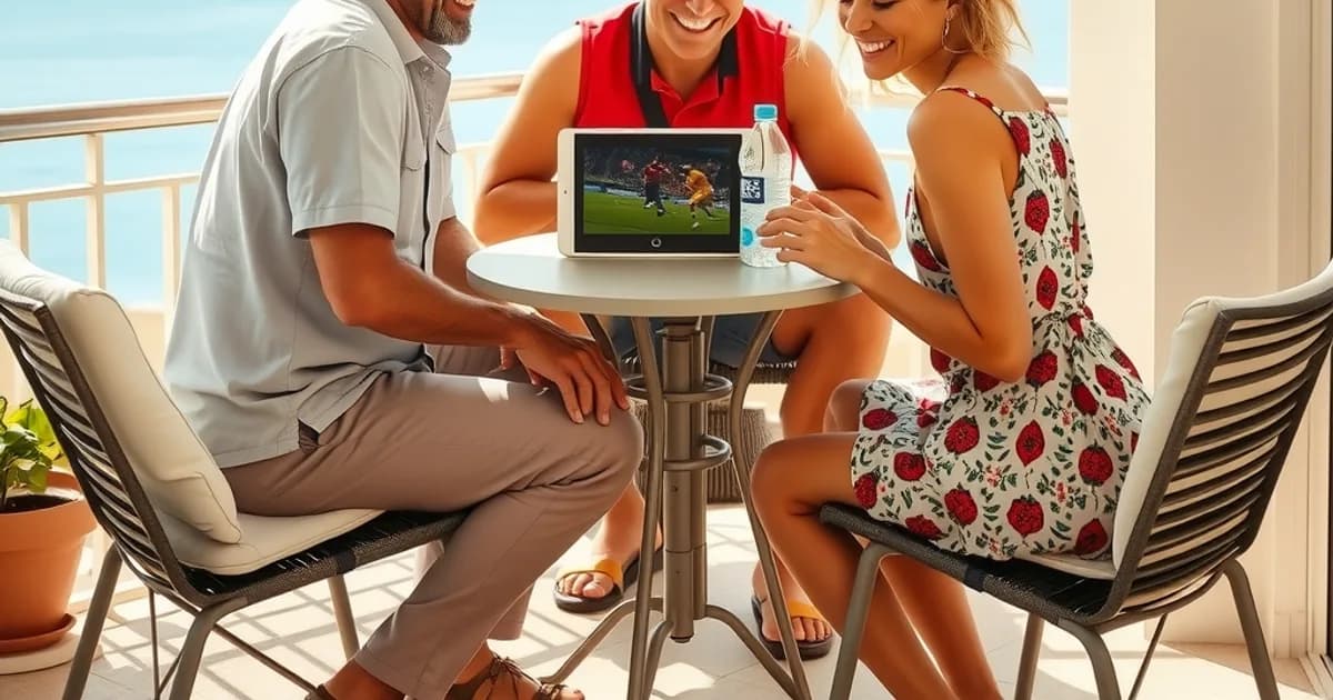 Eine Familie sitzt auf einem sonnigen Hotelbalkon am Meer und schaut gemeinsam ein Fußball-Länderspiel auf einem Tablet.