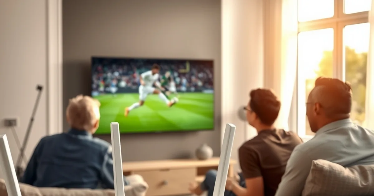 Helles Wohnzimmer am Nachmittag: Eine Familie schaut ein Live-Fußballspiel auf einem großen Fernseher, im Vordergrund steht ein moderner WLAN-Router auf einem Regal.