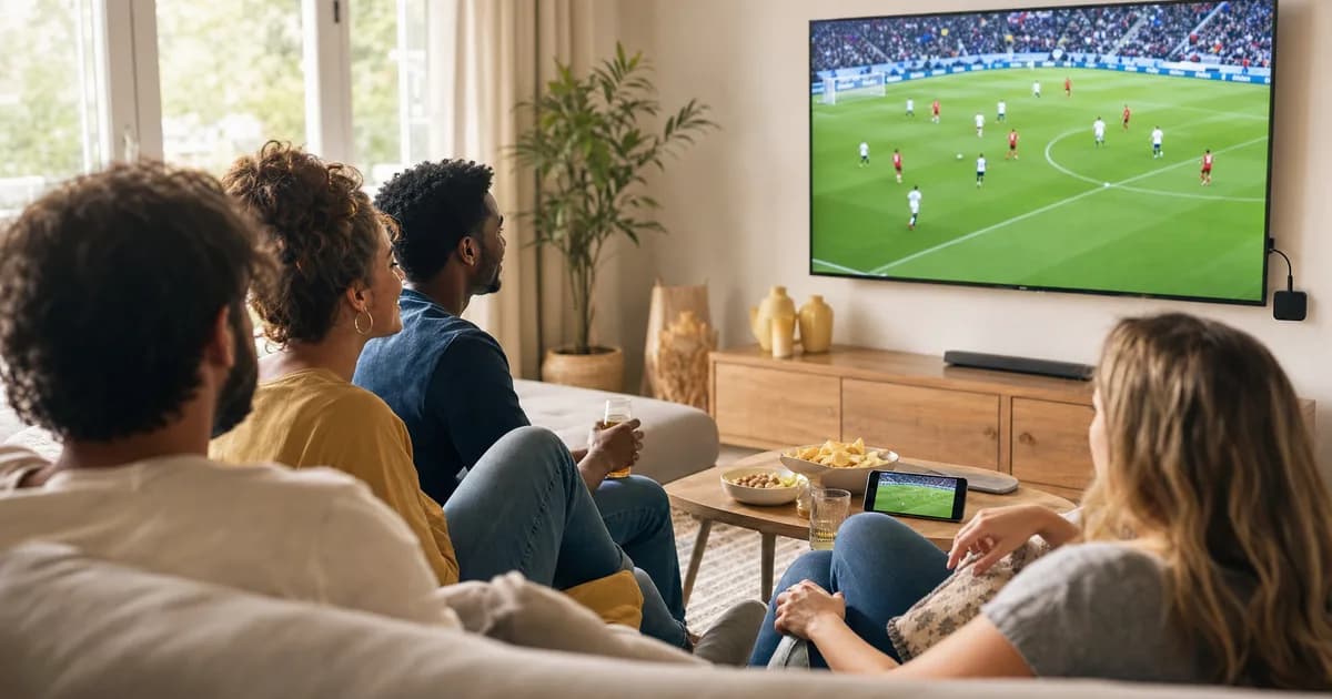 Familie und Freunde verfolgen in einem hellen, sonnendurchfluteten Wohnzimmer ein WM-Spiel auf einem großen Fernseher, daneben ein Streaming-Stick und ein Smartphone mit einem zweiten Spiel auf dem Couchtisch.
