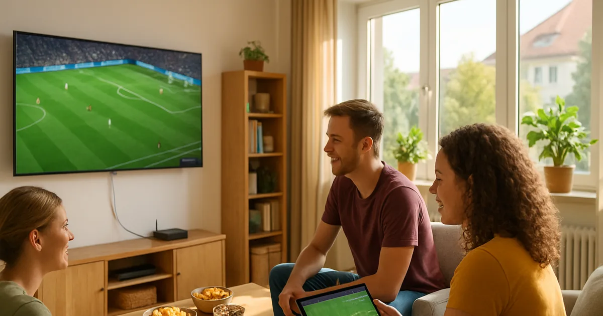 Familie und Freunde verfolgen in einem hellen, sonnendurchfluteten Wohnzimmer ein WM-Spiel auf einem großen Fernseher, daneben ein Streaming-Stick und ein Smartphone mit einem zweiten Spiel auf dem Couchtisch.