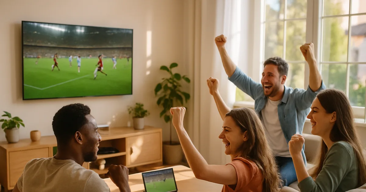 Eine Gruppe Freunde schaut bei Tageslicht im hellen Wohnzimmer ein WM-Spiel auf dem Smart TV, während Smartphone und Tablet auf dem Tisch dasselbe Spiel zeigen.