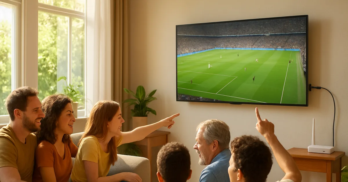 Eine Familie sitzt an einem hellen Sommernachmittag im Wohnzimmer auf dem Sofa und schaut ein WM-Fußballspiel auf einem großen Smart-TV.