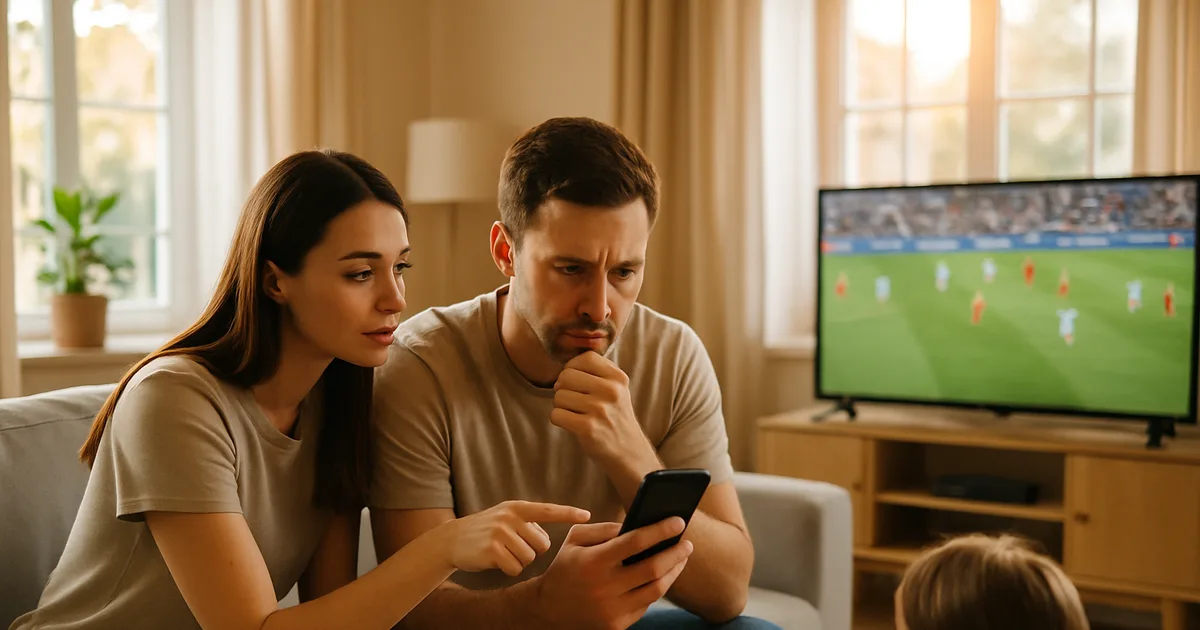 Familie im hellen Wohnzimmer vor dem Fernseher mit Fußballspiel, der Vater prüft nachdenklich ein IPTV-Angebot auf dem Smartphone.
