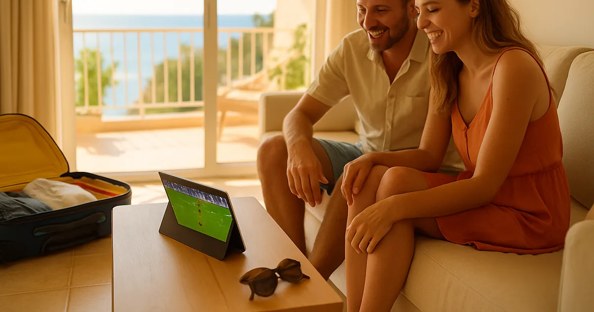 Ein entspanntes Paar in Sommerkleidung schaut in einer hellen Ferienwohnung am Meer ein Fußballspiel auf einem Tablet, daneben ein offener Koffer und Sonnenbrille.